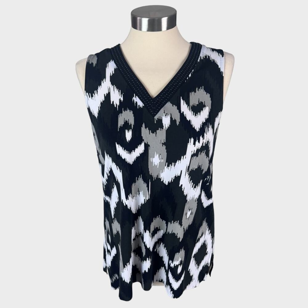 Alfani Womens Small V Neck Sleeveless Blouse Black White Print Beaded Neckline